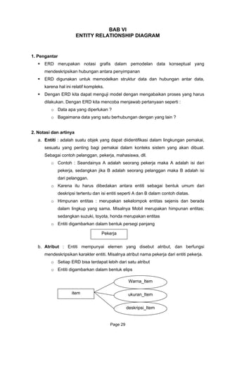 BAB VI
ENTITY RELATIONSHIP DIAGRAM
ktur data dan hubungan antar data,
Dengan ERD kita dapat kan proses yang harus
dilakukan. Dengan ERD kita mencoba menjawab pertanyaan seperti :
o Data apa yang diperlukan ?
o Bagaimana data yang satu
2. Notasi dan artin
a. Entiti : adalah suatu objek yang dapat diidentifikasi dalam lingkungan pemakai,
sesuatu yang penting bagi pemakai dalam konteks sistem yang akan dibuat.
Sebagai contoh pelanggan, pek
o Contoh : Seandainya A adalah s
i
o Karena itu harus dibedakan antara entiti sebagai bentuk umum dari
deskripsi tertentu dan isi entiti s
o Himpunan entitas : merupakan sekelo
dalam lingkup yang sama. Misalnya
o Entiti digambarkan dalam bentuk persegi panjang
b. Atribut disebut atribut, dan berfungsi
mendeskr i
o Setiap
o Entiti d
1. Pengantar
ERD merupakan notasi grafis dalam pemodelan data konseptual yang
mendeskripsikan hubungan antara penyimpanan
ERD digunakan untuk memodelkan stru
karena hal ini relatif kompleks.
menguji model dengan mengabai
berhubungan dengan yang lain ?
ya
erja, mahasiswa, dll.
eorang pekerja maka A adalah isi dari
pekerja, sedangkan jika B adalah seorang pelanggan maka B adalah is
dari pelanggan.
eperti A dan B dalam contoh diatas.
mpok entitas sejenis dan berada
Mobil merupakan himpunan entitas;
sedangkan suzuki, toyota, honda merupakan entitas
Pekerja
: Entiti mempunyai elemen yang
ips kan karakter entiti. Misalnya atribut nama pekerja dari entiti pekerja.
ERD bisa terdapat lebih dari satu atribut
igambarkan dalam bentuk elips
Warna_Item
item ukuran_Item
deskripsi_Item
Page 29
 