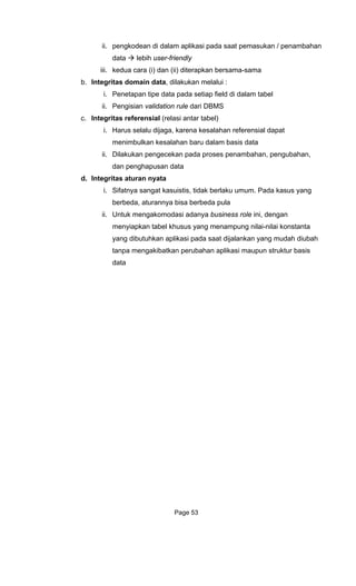 ii. pengkodean di dalam aplikasi pada saat pemasukan / penambahan
i) dan (ii) diterapkan bersama-sama
c. Integritas referensial (relasi antar tabel)
lalu dijaga, karena kesalahan referensial dapat
s data
pada proses penambahan, pengubahan,
ata
d. In egrita
istis, tidak berlaku umum. Pada kasus yang
berbeda, aturannya bisa berbeda pula
s role ini, dengan
menyiapkan tabel khusus yang menampung nilai-nilai konstanta
t dijalankan yang mudah diubah
erubahan aplikasi maupun struktur basis
data lebih user-friendly
iii. kedua cara (
b. Integritas domain data, dilakukan melalui :
i. Penetapan tipe data pada setiap field di dalam tabel
ii. Pengisian validation rule dari DBMS
i. Harus se
menimbulkan kesalahan baru dalam basi
ii. Dilakukan pengecekan
dan penghapusan d
t s aturan nyata
i. Sifatnya sangat kasu
ii. Untuk mengakomodasi adanya busines
yang dibutuhkan aplikasi pada saa
tanpa mengakibatkan p
data
Page 53
 