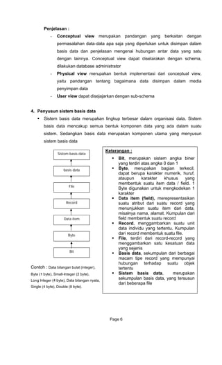 Penjelasan :
- Conceptual view merupakan pandangan yang berkaitan dengan
permasalahan data-data apa saja yang diperlukan untuk disimpan dalam
basis data dan penjelasan mengenai hubungan antar data yang satu
dengan lainnya. Conceptual view dapat disetarakan dengan schema,
dilakukan database administrator
- Physical view merupakan bentuk implementasi dari conceptual view,
yaitu pandangan tentang bagaimana data disimpan dalam media
penyimpan data
- User view dapat disejajarkan dengan sub-schema
4. Penyusun sistem basis data
Sistem basis data merupakan lingkup terbesar dalam organisasi data. Sistem
basis data mencakup semua bentuk komponen data yang ada dalam suatu
sistem. Sedangkan basis data merupakan komponen utama yang menyusun
sistem basis data
Bit, merupakan sistem angka biner
yang terdiri atas angka 0 dan 1
Byte, merupakan bagian terkecil,
dapat berupa karakter numerik, huruf,
ataupun karakter khusus yang
membentuk suatu item data / field. 1
Byte digunakan untuk mengkodekan 1
karakter
Data item (field), merepresentasikan
suatu atribut dari suatu record yang
menunjukkan suatu item dari data,
misalnya nama, alamat. Kumpulan dari
field membentuk suatu record
Record, menggambarkan suatu unit
data individu yang tertentu. Kumpulan
dari record membentuk suatu file.
File, terdiri dari record-record yang
menggambarkan satu kesatuan data
yang sejenis
Basis data, sekumpulan dari berbagai
macam tipe record yang mempunyai
hubungan terhadap suatu objek
tertentu
Sistem basis data, merupakan
sekumpulan basis data, yang tersusun
dari beberapa file
Keterangan :
Sistem basis data
basis data
File
Record
Data item
Byte
Bit
Contoh : Data bilangan bulat (integer),
Byte (1 byte), Small-Integer (2 byte),
Long Integer (4 byte), Data bilangan nyata,
Single (4 byte), Double (8 byte).
Page 6
 