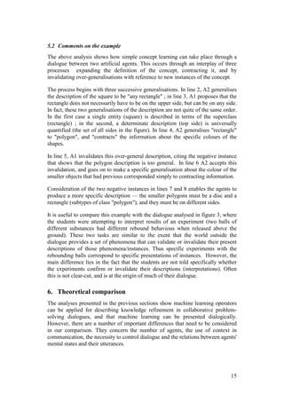 5.2 Comments on the example
The above analysis shows how simple concept learning can take place through a
dialogue between two artificial agents. This occurs through an interplay of three
processes expanding the definition of the concept, contracting it, and by
invalidating over-generalisations with reference to new instances of the concept.

The process begins with three successive generalisations. In line 2, A2 generalises
the description of the square to be "any rectangle" ; in line 3, A1 proposes that the
rectangle does not necessarily have to be on the upper side, but can be on any side.
In fact, these two generalisations of the description are not quite of the same order.
In the first case a single entity (square) is described in terms of the superclass
(rectangle) ; in the second, a determinate description (top side) is universally
quantified (the set of all sides in the figure). In line 4, A2 generalises "rectangle"
to "polygon", and "contracts" the information about the specific colours of the
shapes.

In line 5, A1 invalidates this over-general description, citing the negative instance
that shows that the polygon description is too general. In line 6 A2 accepts this
invalidation, and goes on to make a specific generalisation about the colour of the
smaller objects that had previous corresponded simply to contracting information.

Consideration of the two negative instances in lines 7 and 8 enables the agents to
produce a more specific description — the smaller polygons must be a disc and a
rectangle (subtypes of class "polygon"), and they must be on different sides.

It is useful to compare this example with the dialogue analysed in figure 3, where
the students were attempting to interpret results of an experiment (two balls of
different substances had different rebound behavious when released above the
ground). These two tasks are similar to the exent that the world outside the
dialogue provides a set of phenomena that can validate or invalidate their present
descriptions of those phenomena/instances. Thus specific experiments with the
rebounding balls correspond to specific presentations of instances. However, the
main difference lies in the fact that the students are not told specifically whether
the experiments confirm or invalidate their descriptions (interpretations). Often
this is not clear-cut, and is at the origin of much of their dialogue.

6. Theoretical comparison
The analyses presented in the previous sections show machine learning operators
can be applied for describing knowledge refinement in collaborative problem-
solving dialogues, and that machine learning can be presented dialogically.
However, there are a number of important differences that need to be considered
in our comparison. They concern the number of agents, the use of context in
communication, the necessity to control dialogue and the relations between agents'
mental states and their utterances.




                                                                                   15
 