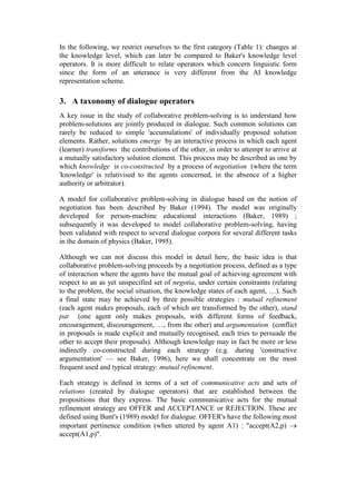 In the following, we restrict ourselves to the first category (Table 1): changes at
the knowledge level, which can later be compared to Baker's knowledge level
operators. It is more difficult to relate operators which concern linguistic form
since the form of an utterance is very different from the AI knowledge
representation scheme.

3. A taxonomy of dialogue operators
A key issue in the study of collaborative problem-solving is to understand how
problem-solutions are jointly produced in dialogue. Such common solutions can
rarely be reduced to simple 'accumulations' of individually proposed solution
elements. Rather, solutions emerge by an interactive process in which each agent
(learner) transforms the contributions of the other, in order to attempt to arrive at
a mutually satisfactory solution element. This process may be described as one by
which knowledge is co-constructed by a process of negotiation (where the term
'knowledge' is relativised to the agents concerned, in the absence of a higher
authority or arbitrator).

A model for collaborative problem-solving in dialogue based on the notion of
negotiation has been described by Baker (1994). The model was originally
developed for person-machine educational interactions (Baker, 1989) ;
subsequently it was developed to model collaborative problem-solving, having
been validated with respect to several dialogue corpora for several different tasks
in the domain of physics (Baker, 1995).

Although we can not discuss this model in detail here, the basic idea is that
collaborative problem-solving proceeds by a negotiation process, defined as a type
of interaction where the agents have the mutual goal of achieving agreement with
respect to an as yet unspecified set of negotia, under certain constraints (relating
to the problem, the social situation, the knowledge states of each agent, …). Such
a final state may be achieved by three possible strategies : mutual refinement
(each agent makes proposals, each of which are transformed by the other), stand
pat (one agent only makes proposals, with different forms of feedback,
encouragement, discouragement, …, from the other) and argumentation (conflict
in proposals is made explicit and mutually recognised, each tries to persuade the
other to accept their proposals). Although knowledge may in fact be more or less
indirectly co-constructed during each strategy (e.g. during 'constructive
argumentation' — see Baker, 1996), here we shall concentrate on the most
frequent used and typical strategy: mutual refinement.

Each strategy is defined in terms of a set of communicative acts and sets of
relations (created by dialogue operators) that are established between the
propositions that they express. The basic communicative acts for the mutual
refinement strategy are OFFER and ACCEPTANCE or REJECTION. These are
defined using Bunt's (1989) model for dialogue. OFFER's have the following most
important pertinence condition (when uttered by agent A1) : "accept(A2,p)
accept(A1,p)".
 