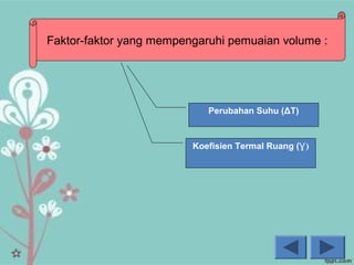 06/10/16
Faktor-faktor yang mempengaruhi pemuaian volume :
Perubahan Suhu (ΔT)
Koefisien Termal Ruang ( )Ɣ
 