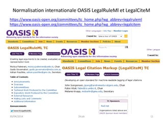 Normalisation internationale OASIS LegalRuleMl et LegalCiteM
https://www.oasis-open.org/committees/tc_home.php?wg_abbrev=legalruleml
https://www.oasis-open.org/committees/tc_home.php?wg_abbrev=legalcitem
30/04/2014 DiLab 11
 