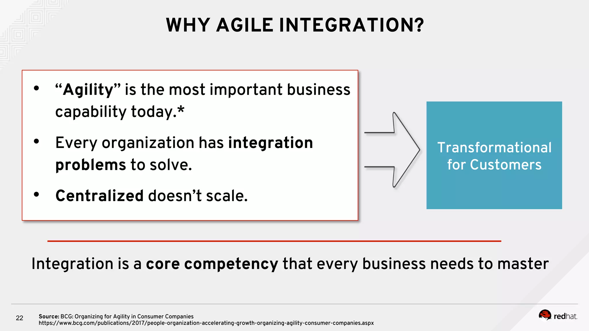 WHY AGILE INTEGRATION?
•  “Agility” is the most important business
capability today.*
•  Every organization has integration
problems to solve.
•  Centralized doesn’t scale.
22
Transformational
for Customers
Source: BCG: Organizing for Agility in Consumer Companies
https://www.bcg.com/publications/2017/people-organization-accelerating-growth-organizing-agility-consumer-companies.aspx
Integration is a core competency that every business needs to master
 
