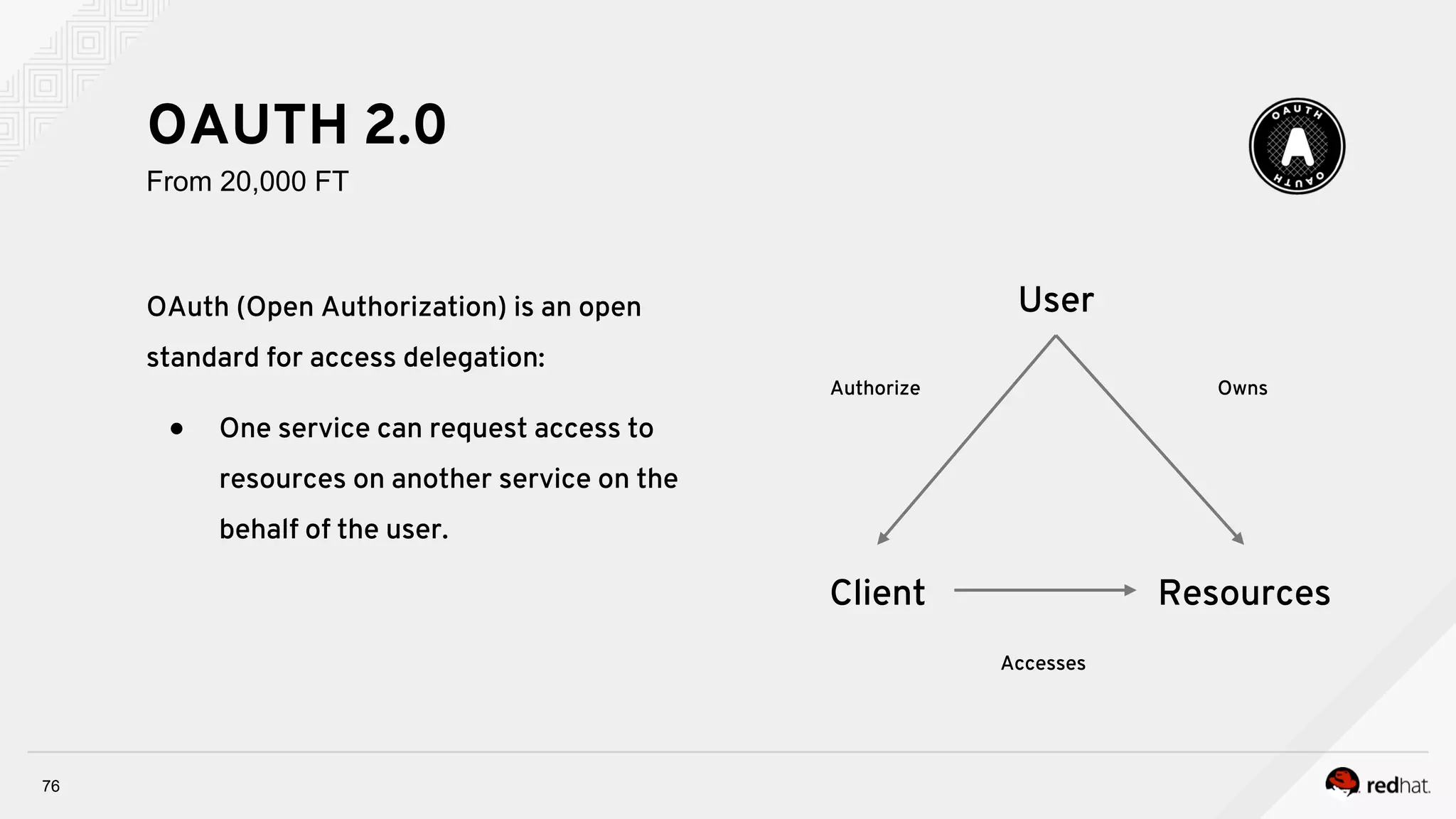 OAuth (Open Authorization) is an open
standard for access delegation:
●  One service can request access to
resources on another service on the
behalf of the user.
76
OAUTH 2.0
From 20,000 FT
ResourcesClient
User
Accesses
OwnsAuthorize
 