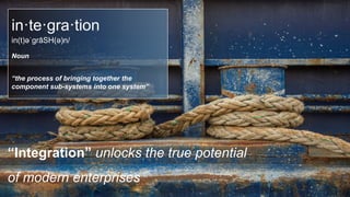 “Integration” unlocks the true potential
of modern enterprises
in·te·gra·tion
in(t)əˈɡrāSH(ə)n/
Noun
“the process of bringing together the
component sub-systems into one system”
 