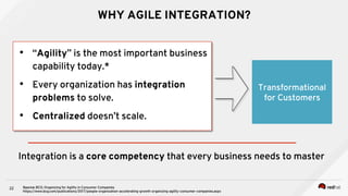 WHY AGILE INTEGRATION?
•  “Agility” is the most important business
capability today.*
•  Every organization has integration
problems to solve.
•  Centralized doesn’t scale.
22
Transformational
for Customers
Source: BCG: Organizing for Agility in Consumer Companies
https://www.bcg.com/publications/2017/people-organization-accelerating-growth-organizing-agility-consumer-companies.aspx
Integration is a core competency that every business needs to master
 