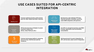 Common gateway & policy enforcement
point for web, mobile and other channels
USE CASES SUITED FOR API-CENTRIC
INTEGRATION
Customer
loyalty
programs
Mobility & IoT
API-driven
business
B2B/partner
outreach
M&A-related
application
consolidation
Agile,
responsive
enterprise
API & microservices strategies to power
customer loyalty tiers
(Silver, Gold, Platinum, etc.)
Get beyond crude methods (FTP etc).
Improve outreach, monetize, and drive
smart B2B integration with partners.
Common technology platform powering
and servicing internal and external
initiatives
Use APIs to reorganize business post M&A
to power application and functionality
consolidation
Get beyond point-to-point integration to
API, service and, value-centric integration
 