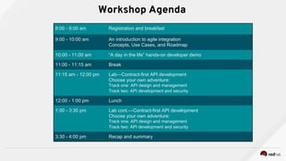 8:00 - 9:00 am Registration and breakfast
9:00 - 10:00 am An introduction to agile integration
Concepts, Use Cases, and Roadmap
10:00 - 11:00 am “A day in the life” hands-on developer demo
11:00 - 11:15 am Break
11:15 am - 12:00 pm Lab—Contract-first API development
Choose your own adventure:
Track one: API design and management
Track two: API development and security
12:00 - 1:00 pm Lunch
1:00 - 3:30 pm Lab cont.—Contract-first API development
Choose your own adventure:
Track one: API design and management
Track two: API development and security
3:30 - 4:00 pm Recap and summary
Workshop Agenda
 