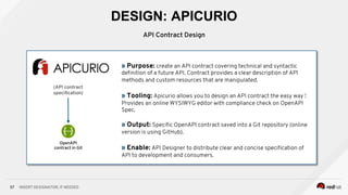 INSERT DESIGNATOR, IF NEEDED57
DESIGN: APICURIO
(API contract
speciﬁcation)
» Purpose: create an API contract covering technical and syntactic
deﬁnition of a future API. Contract provides a clear description of API
methods and custom resources that are manipulated.
» Tooling: Apicurio allows you to design an API contract the easy way !
Provides an online WYSIWYG editor with compliance check on OpenAPI
Spec.
» Output: Speciﬁc OpenAPI contract saved into a Git repository (online
version is using GitHub).
» Enable: API Designer to distribute clear and concise speciﬁcation of
API to development and consumers.
OpenAPI
contract in Git
API Contract Design
 