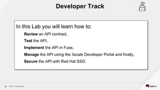 APIS 2.0 Workshop62
In this Lab you will learn how to:
Review an API contract,
Test the API,
Implement the API in Fuse,
Manage the API using the 3scale Developer Portal and finally,
Secure the API with Red Hat SSO
Developer Track
 