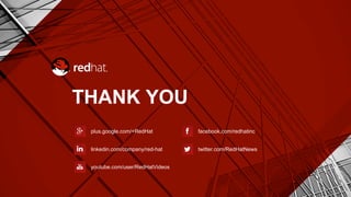 THANK YOU
plus.google.com/+RedHat
linkedin.com/company/red-hat
youtube.com/user/RedHatVideos
facebook.com/redhatinc
twitter.com/RedHatNews
 