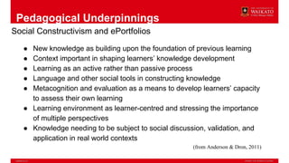 Pedagogical Underpinnings
Social Constructivism and ePortfolios
● New knowledge as building upon the foundation of previous learning
● Context important in shaping learners’ knowledge development
● Learning as an active rather than passive process
● Language and other social tools in constructing knowledge
● Metacognition and evaluation as a means to develop learners’ capacity
to assess their own learning
● Learning environment as learner-centred and stressing the importance
of multiple perspectives
● Knowledge needing to be subject to social discussion, validation, and
application in real world contexts
(from Anderson & Dron, 2011)
 