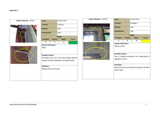 MALAYSIA ARCHITECTURE MUSEUM 11
Appendix A
Defect Sheet No. : GF/D/1 Level: Ground Floor
Location: Entrance
Element: Wall
Components: Door
BARIS
Condition Priority Matrix Colour
2 2 4
Defects Description:
Rotten
Possible Causes:
The defect occur due to the wood already became
moisture because temperature and aging process..
Remedies:
Replace with the new wood.
Defect Sheet No. : GF/W/2 Level: Ground Floor
Location: Exhibition 1
Element: Wall
Components: Wall
BARIS
Condition Priority Matrix Colour
3 3 9
Defects Description:
Peeling of paint
Possible Causes:
Due to unstable temperature and inappropriate of
application of paint
Remedies:
Scrap the old paint and repaint according to the same
code of paint.
 