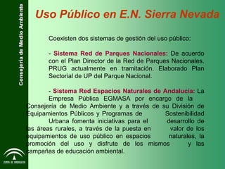 Uso Público en E.N. Sierra Nevada Coexisten dos sistemas de gestión del uso público: -  Sistema Red de Parques Nacionales:  De acuerdo  con el Plan Director de la Red de Parques Nacionales.  PRUG actualmente en tramitación. Elaborado Plan  Sectorial de UP del Parque Nacional. -  Sistema Red Espacios Naturales de Andalucía:  La  Empresa Pública EGMASA por encargo de la  Consejería de Medio Ambiente y a través de su División  de Equipamientos Públicos y Programas de  Sostenibilidad  Urbana fomenta iniciativas para el  desarrollo de las áreas rurales, a través de la puesta en  valor de los equipamientos de uso público en espacios  naturales, la promoción del uso y disfrute de los mismos  y las campañas de educación ambiental. 