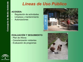 ACOGIDA: Regulación de actividades Limpieza y mantenimiento Autorizaciones EVALUACIÓN Y SEGUIMIENTO : - Plan de Aforos - Caracterización visitantes - Evaluación de programas Líneas de Uso Público 