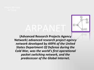 Dilasha Shrestha 4 th  block ARPANET (Advanced Research Projects Agency Network )   advanced research project agency network developed by ARPA of the United States Department Of Defense during the Cold War, was the world’s first operational packet switching network, and the predecessor of the Global Internet. 