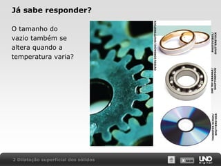 X SAIRX SAIR
Já sabe responder?
O tamanho do
vazio também se
altera quando a
temperatura varia?
2 Dilatação superficial dos sólidos
OVIDIUIORDACHI/SHUTTERSTOCK
PHOTOVIBES/
SHUTTERSTOCK
DMITRYKRAMAR/
SHUTTERSTOCK
THORSTENSCHUH/
SHUTTERSTOCK
 