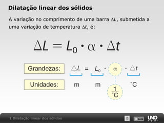 X SAIRX SAIR
Dilatação linear dos sólidos
A variação no comprimento de uma barra ∆L, submetida a
uma variação de temperatura ∆t, é:
1 Dilatação linear dos sólidos
 