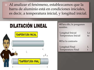  Al analizar el fenómeno, establezcamos que la
barra de aluminio está en condiciones iniciales,
es decir, a temperatura inicial, y longitud inicial.
Para ello, le pongamos
nombre.
Longitud Inicial Lo
Temperatura Inicial to
Por lo contrario
Longitud Final L
Temperatura Final t
 