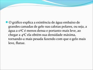 O gráfico explica a existência de água embaixo de
 grandes camadas de gelo nas calotas polares, ou seja, a
 água a 0ºC é menos densa e portanto mais leve, ao
 chegar a 4ºC ela obtém sua densidade máxima,
 tornando-a mais pesada fazendo com que o gelo mais
 leve, flutue.
 