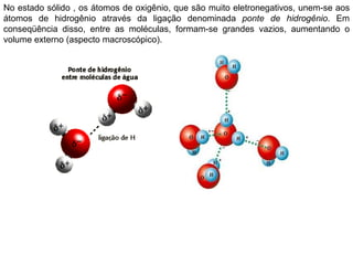 No estado sólido , os átomos de oxigênio, que são muito eletronegativos, unem-se aos átomos de hidrogênio através da ligação denominada  ponte de hidrogênio . Em conseqüência disso, entre as moléculas, formam-se grandes vazios, aumentando o volume externo (aspecto macroscópico).  