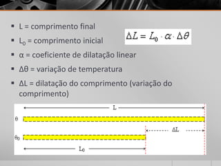  L = comprimento final
 L0 = comprimento inicial
 α = coeficiente de dilatação linear
 ∆θ = variação de temperatura
 ∆L = dilatação do comprimento (variação do
comprimento)
 