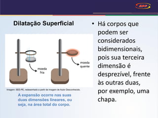• Há corpos que
podem ser
considerados
bidimensionais,
pois sua terceira
dimensão é
desprezível, frente
às outras duas,
por exemplo, uma
chapa.
A expansão ocorre nas suas
duas dimensões lineares, ou
seja, na área total do corpo.
Dilatação Superficial
Imagem: SEE-PE, redesenhado a partir de imagem de Autor Desconhecido.
 