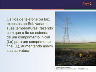 Os fios de telefone ou luz,
expostos ao Sol, variam
suas temperaturas, fazendo
com que o fio se estenda
de um comprimento inicial
(Lo) para um comprimento
final (L), aumentando assim
sua curvatura.
Imagem: Hugh Venables /
Creative Commons Attribution-Share Alike 2.0 Generic.
 