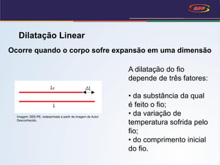 Ocorre quando o corpo sofre expansão em uma dimensão
A dilatação do fio
depende de três fatores:
• da substância da qual
é feito o fio;
• da variação de
temperatura sofrida pelo
fio;
• do comprimento inicial
do fio.
Dilatação Linear
Imagem: SEE-PE, redesenhado a partir de imagem de Autor
Desconhecido.
 