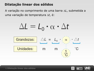 X SAIR
Dilatação linear dos sólidos
A variação no comprimento de uma barra DL, submetida a
uma variação de temperatura Dt, é:
1 Dilatação linear dos sólidos
 