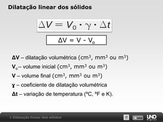 X SAIR
Dilatação linear dos sólidos
1 Dilatação linear dos sólidos
ΔV – dilatação volumétrica (cm3, mm3 ou m3)
Vo – volume inicial (cm3, mm3 ou m3)
V – volume final (cm3, mm3 ou m3)
ɣ – coeficiente de dilatação volumétrica
Δt – variação de temperatura (ºC, ºF e K).
ΔV = V - Vo
 