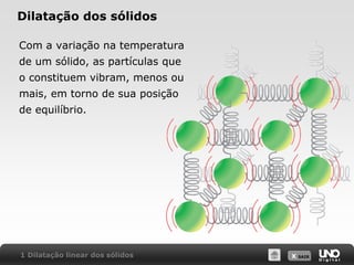 X SAIR
Dilatação dos sólidos
Com a variação na temperatura
de um sólido, as partículas que
o constituem vibram, menos ou
mais, em torno de sua posição
de equilíbrio.
1 Dilatação linear dos sólidos
 