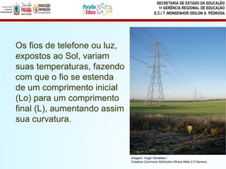Os fios de telefone ou luz,
expostos ao Sol, variam
suas temperaturas, fazendo
com que o fio se estenda
de um comprimento inicial
(Lo) para um comprimento
final (L), aumentando assim
sua curvatura.
Imagem: Hugh Venables /
Creative Commons Attribution-Share Alike 2.0 Generic.
 