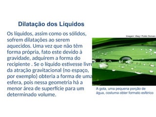 Os líquidos, assim como os sólidos,
sofrem dilatações ao serem
aquecidos. Uma vez que não têm
forma própria, fato este devido à
gravidade, adquirem a forma do
recipiente . Se o líquido estivesse livre
da atração gravitacional (no espaço,
por exemplo) obteria a forma de uma
esfera, pois nessa geometria há a
menor área de superfície para um
determinado volume.
Física , 2ª Série
Dilatação dos Líquidos
Dilatação dos Líquidos
A gota, uma pequena porção de
água, costuma obter formato esférico
Imagem: Vlieg / Public Domain.
 