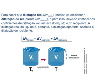 Física , 2ª Série
Dilatação dos líquidos
Para saber sua dilatação real (ΔVlíquido), precisa-se adicionar a
dilatação do recipiente (ΔVrecipiente), e para isso, deve-se conhecer os
coeficientes de dilatação volumétrica do líquido e do recipiente. A
dilatação real do líquido é, portanto, a dilatação aparente, somada à
dilatação do recipiente.
ΔVlíquido = ΔVaparente + ΔVrecipiente
Imagem:
SEE-PE,
redesenhado
a
partir
de
imagem
de
Autor
Desconhecido.
 