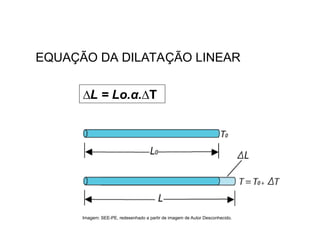 Física , 2ª Série
Dilatação Linear
EQUAÇÃO DA DILATAÇÃO LINEAR
∆L = Lo.α.∆T
Imagem: SEE-PE, redesenhado a partir de imagem de Autor Desconhecido.
 