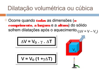 Dilatação volumétrica ou cúbica
 Ocorre quando todas as dimensões (o
comprimento, a largura e a altura) do sólido
sofrem dilatações após o aquecimento.
Vo
V
(∆V = V – Vo
)
 