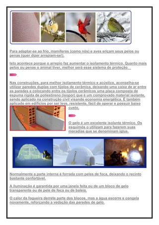 Para adaptar-se ao frio, mamíferos (como nós) e aves eriçam seus pelos ou
penas (quer dizer arrepiam-se!).
Isto acontece porque o arrepio faz aumentar o isolamento térmico. Quanto mais
pelos ou penas o animal tiver, melhor será esse sistema de proteção.
Nas construções, para melhor isolamento térmico e acústico, aconselha-se
utilizar paredes duplas com tijolos de cerâmica, deixando uma caixa de ar entre
as paredes e colocando entre os tijolos cerâmicos uma placa composta de
espuma rígida de poliestireno (isopor) que é um comprovado material isolante,
sendo aplicado na construção civil visando economia energética. É também
aplicado em edifícios por ser leve, resistente, fácil de operar e possuir baixo
custo.
O gelo é um excelente isolante térmico. Os
esquimós o utilizam para fazerem suas
moradias que se denominam iglus.
Normalmente a parte interna é forrada com peles de foca, deixando o recinto
bastante confortável.
A iluminação é garantida por uma janela feita ou de um bloco de gelo
transparente ou de pele de foca ou de baleia.
O calor da fogueira derrete parte dos blocos, mas a água escorre e congela
novamente, reforçando a vedação das paredes de gelo.
 