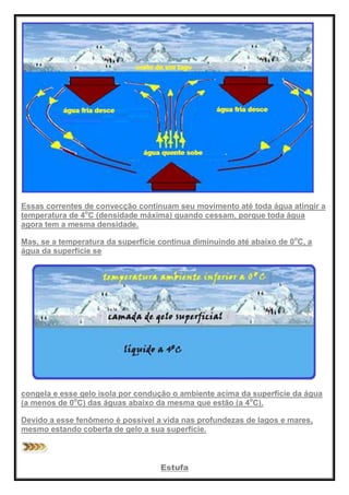 Essas correntes de convecção continuam seu movimento até toda água atingir a
temperatura de 4o
C (densidade máxima) quando cessam, porque toda água
agora tem a mesma densidade.
Mas, se a temperatura da superfície continua diminuindo até abaixo de 0o
C, a
água da superfície se
congela e esse gelo isola por condução o ambiente acima da superfície da água
(a menos de 0o
C) das águas abaixo da mesma que estão (a 4o
C).
Devido a esse fenômeno é possível a vida nas profundezas de lagos e mares,
mesmo estando coberta de gelo a sua superfície.
Estufa
 