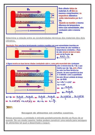 Determine a relação entre as condutividades térmicas dos materiais dos dois
cilindros.
Secagem de alimentos em estufas caseiras.
Nesse processo, a umidade é retirada gradativamente devido ao fluxo de ar
quente. De um modo caseiro, todos podem construir uma estufa para secagem
de alimentos tal qual a desenhada a seguir.
 