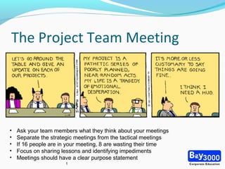 The Project Team Meeting
1
• Ask your team members what they think about your meetings
• Separate the strategic meetings from the tactical meetings
• If 16 people are in your meeting, 8 are wasting their time
• Focus on sharing lessons and identifying impediments
• Meetings should have a clear purpose statement
 