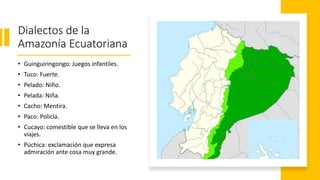 Dialectos de la
Amazonía Ecuatoriana
• Guinguiringongo: Juegos infantiles.
• Tuco: Fuerte.
• Pelado: Niño.
• Pelada: Niña.
• Cacho: Mentira.
• Paco: Policía.
• Cucayo: comestible que se lleva en los
viajes.
• Púchica: exclamación que expresa
admiración ante cosa muy grande.
 