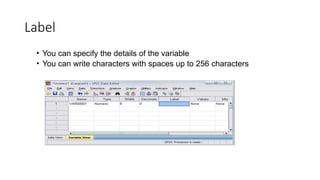 Label
• You can specify the details of the variable
• You can write characters with spaces up to 256 characters
 