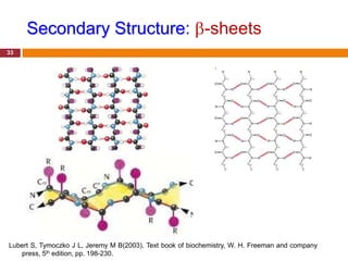 Secondary Structure: -sheets
33




Lubert S, Tymoczko J L, Jeremy M B(2003). Text book of biochemistry, W. H. Freeman and company
   press, 5th edition, pp. 198-230.
 