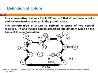 Definition of                     -turn
34

     four consecutive residues i, i+1, i+2 and i+3 that do not form a helix
     and the turn lead to reversal in the protein chain.
     The conformation of -turn is defined in terms of two central
     residues, i+1 and i+2 and can be classified into different types on the
     basis of this conformation.

                                              i+1                                  i+2




                         i                                 H-                          i+3
                                                           bond

                                                    D <7Å
Lubert S, Tymoczko J L, Jeremy M B(2003). Text book of biochemistry, W. H. Freeman and company press, 5th edition,
    pp. 198-230.
 