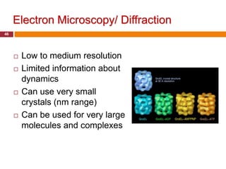 Electron Microscopy/ Diffraction
46




        Low to medium resolution
        Limited information about
         dynamics
        Can use very small
         crystals (nm range)
        Can be used for very large
         molecules and complexes
 