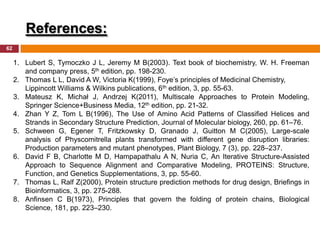 References:
62

     1. Lubert S, Tymoczko J L, Jeremy M B(2003). Text book of biochemistry, W. H. Freeman
        and company press, 5th edition, pp. 198-230.
     2. Thomas L L, David A W, Victoria K(1999), Foye‟s principles of Medicinal Chemistry,
        Lippincott Williams & Wilkins publications, 6th edition, 3, pp. 55-63.
     3. Mateusz K, Michał J, Andrzej K(2011), Multiscale Approaches to Protein Modeling,
        Springer Science+Business Media, 12th edition, pp. 21-32.
     4. Zhan Y Z, Tom L B(1996), The Use of Amino Acid Patterns of Classified Helices and
        Strands in Secondary Structure Prediction, Journal of Molecular biology, 260, pp. 61–76.
     5. Schween G, Egener T, Fritzkowsky D, Granado J, Guitton M C(2005), Large-scale
        analysis of Physcomitrella plants transformed with different gene disruption libraries:
        Production parameters and mutant phenotypes, Plant Biology, 7 (3), pp. 228–237.
     6. David F B, Charlotte M D, Hampapathalu A N, Nuria C, An Iterative Structure-Assisted
        Approach to Sequence Alignment and Comparative Modeling, PROTEINS: Structure,
        Function, and Genetics Supplementations, 3, pp. 55-60.
     7. Thomas L, Ralf Z(2000), Protein structure prediction methods for drug design, Briefings in
        Bioinformatics, 3, pp. 275-288.
     8. Anfinsen C B(1973), Principles that govern the folding of protein chains, Biological
        Science, 181, pp. 223–230.
 