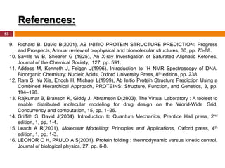 References:
63

     9. Richard B, David B(2001), AB INITIO PROTEIN STRUCTURE PREDICTION: Progress
         and Prospects, Annual review of biophysical and biomolecular structures, 30, pp. 73-88.
     10. Saville W B, Shearer G (1925), An X-ray Investigation of Saturated Aliphatic Ketones,
         Journal of the Chemical Society, 127, pp. 591.
     11. Addess M, Kenneth J, Feigon J(1996). Introduction to 1H NMR Spectroscopy of DNA.
         Bioorganic Chemistry: Nucleic Acids, Oxford University Press, 8th edition, pp. 238.
     12. Ram S, Yu Xia, Enoch H, Michael L(1999), Ab Initio Protein Structure Prediction Using a
         Combined Hierarchical Approach, PROTEINS: Structure, Function, and Genetics, 3, pp.
         194–198.
     13. Rajkumar B, Branson K, Giddy J, Abramson D(2003), The Virtual Laboratory : A toolset to
         enable distributed molecular modeling for drug design on the World-Wide Grid,
         Concurrency and computation, 15, pp. 1–25.
     14. Griffith S, David J(2004), Introduction to Quantum Mechanics, Prentice Hall press, 2nd
         edition, 1, pp. 1-4.
     15. Leach A R(2001), Molecular Modelling: Principles and Applications, Oxford press, 4th
         edition, 1, pp. 1-3.
     16. LEONOR C H, PAULO A S(2001), Protein folding : thermodynamic versus kinetic control,
         Journal of biological physics, 27, pp. 6-8.
 