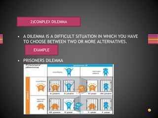 • A DILEMMA IS A DIFFICULT SITUATION IN WHICH YOU HAVE
TO CHOOSE BETWEEN TWO OR MORE ALTERNATIVES.
• PRISONERS DILEMMA
2)COMPLEX DILEMMA
EXAMPLE
 